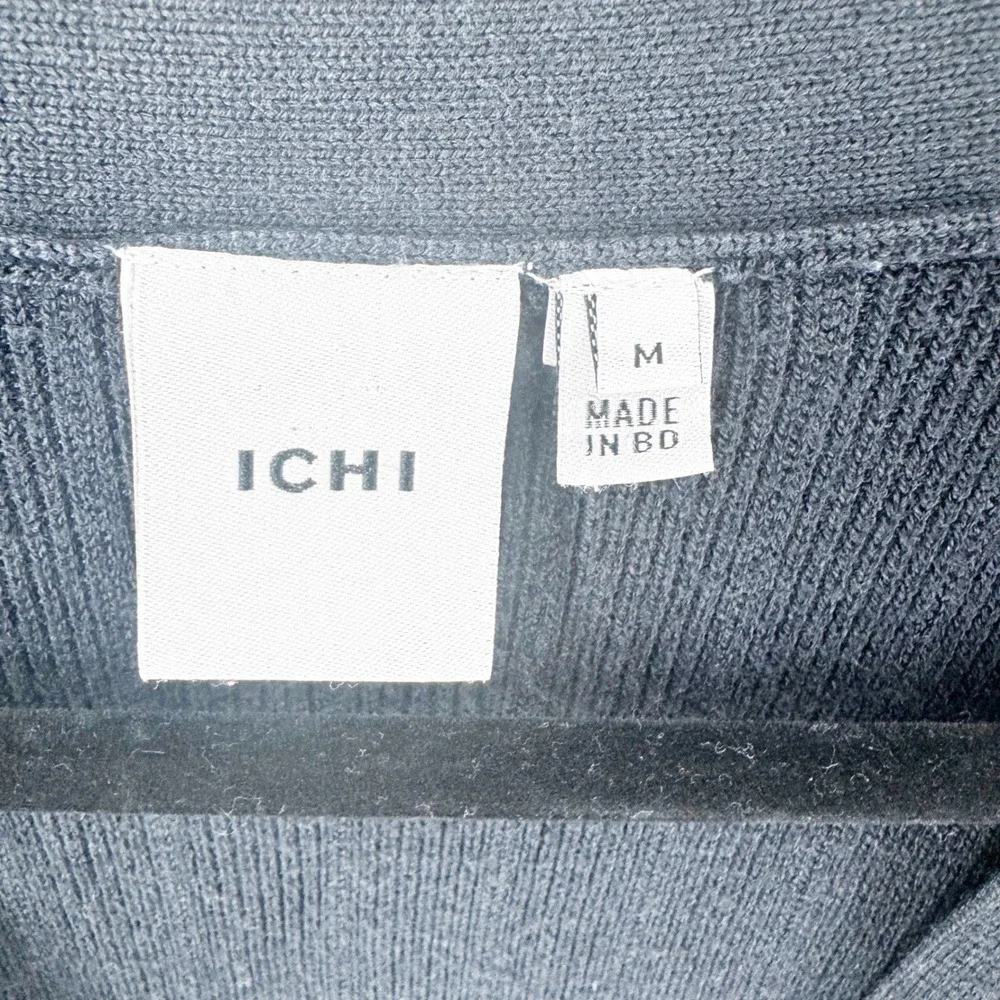 ICHI Womens Ribbed Knit Longline Cardigan Sweater Black Button Front Size Medium